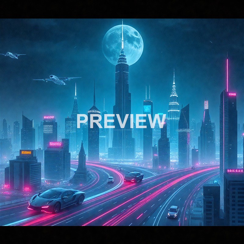 A futuristic cityscape at night featuring tall skyscrapers, flying cars, neon lights, and a large moon in the sky.